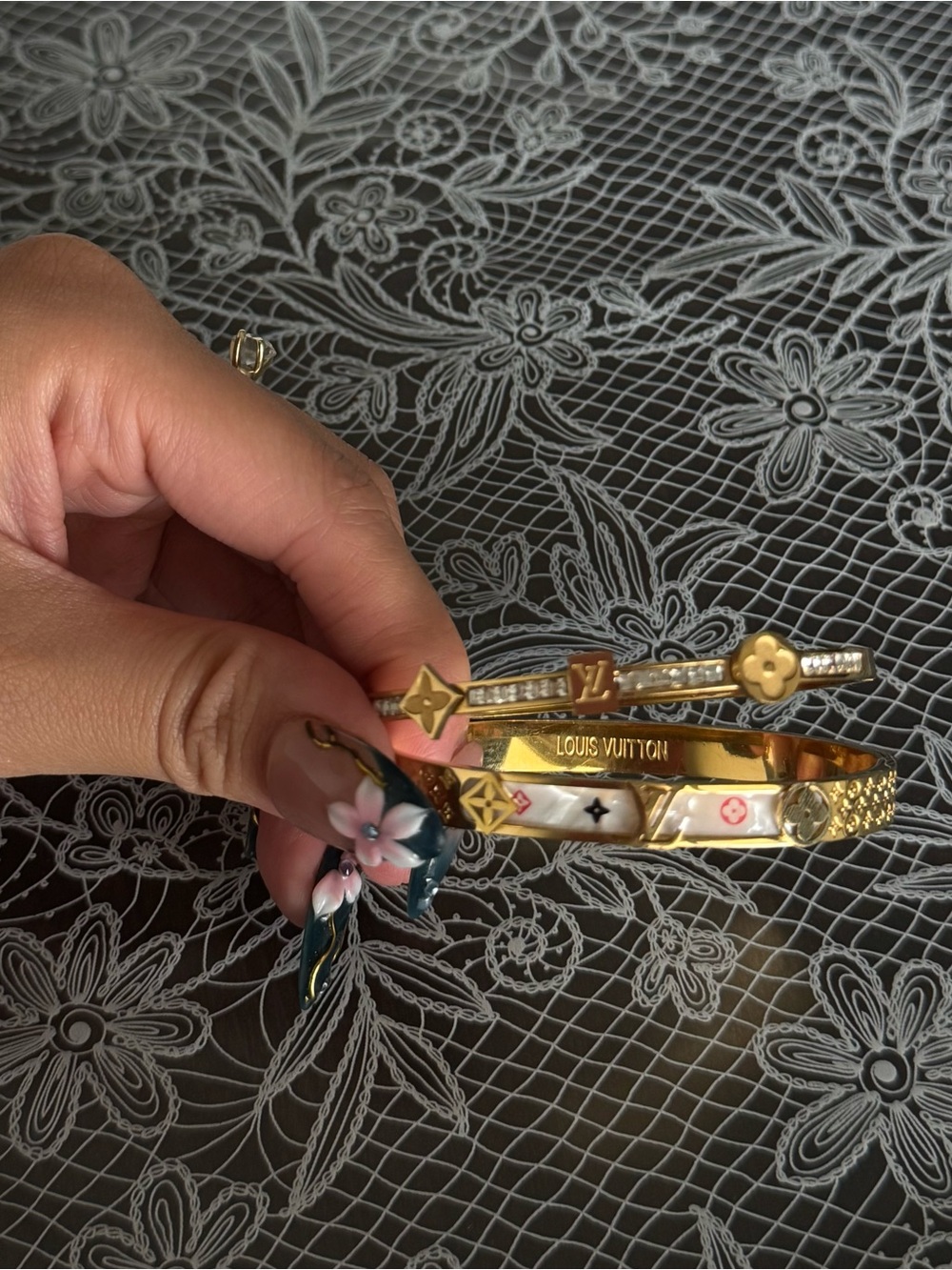 Gold and Pink Enamel Monogram Bangle Set